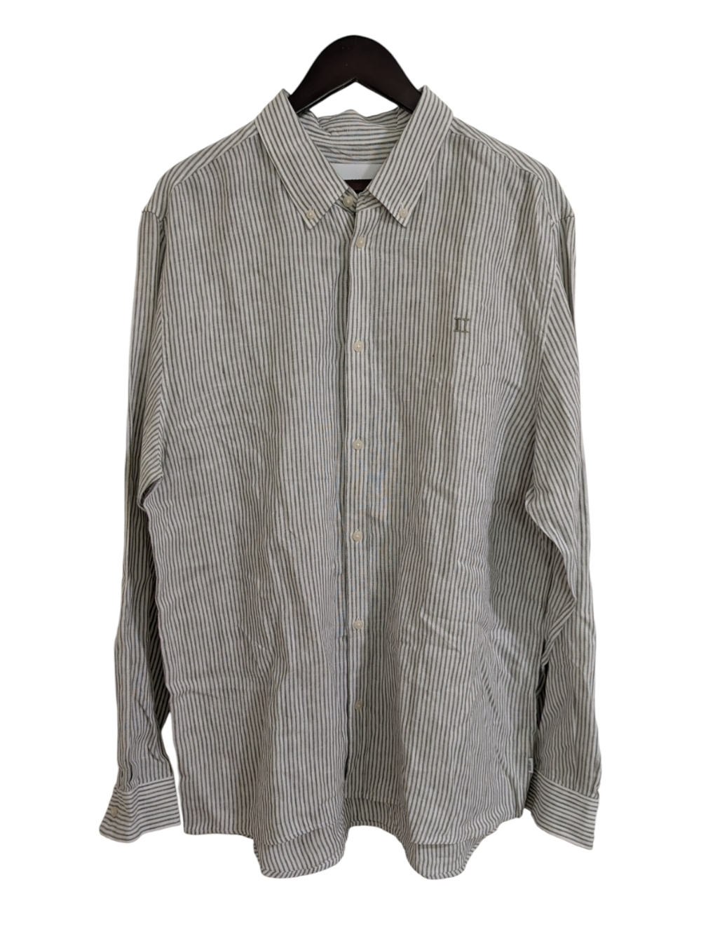 Les Deux Kristian Linen Button Down Shirt Striped XXL Olive Green / Natural